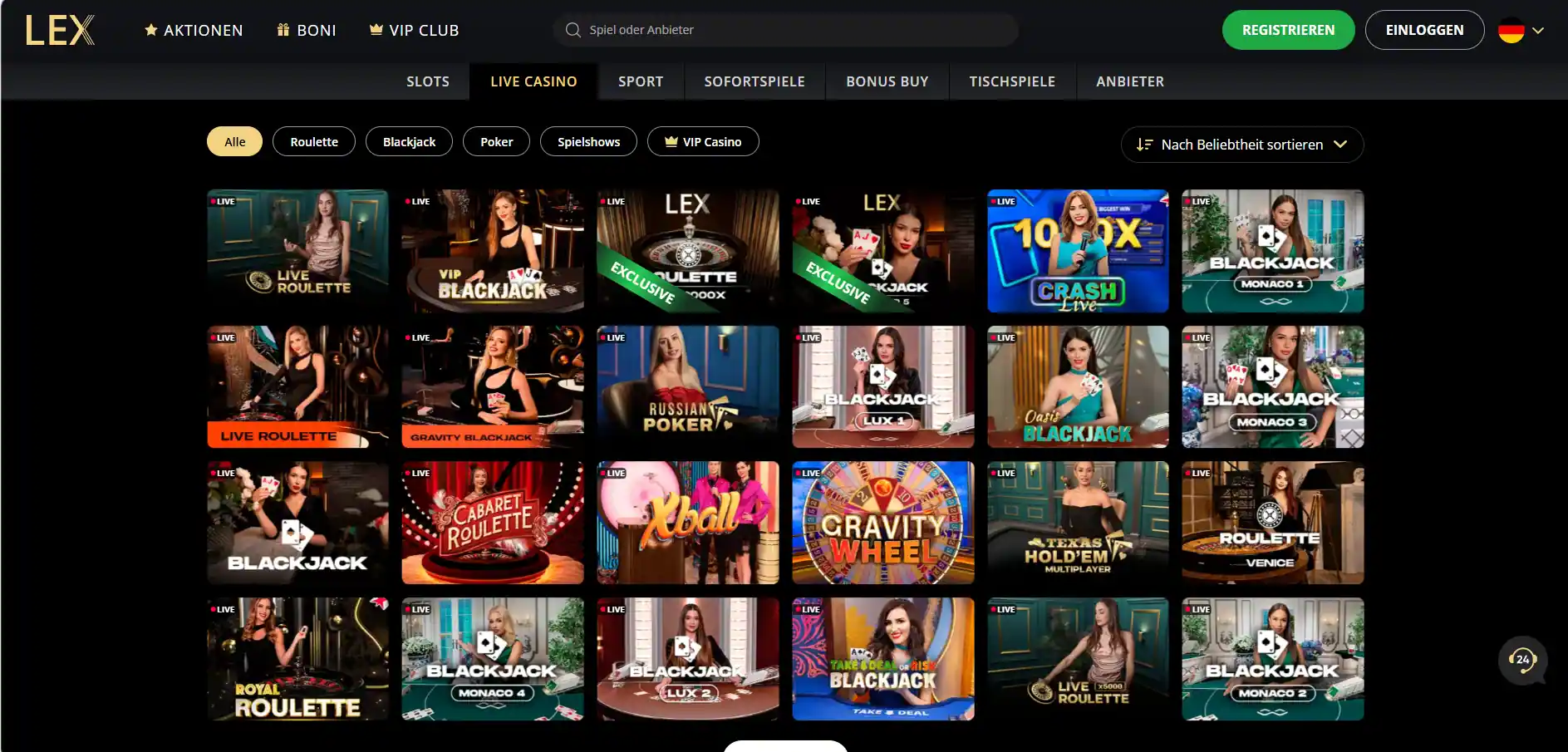 Aktueller Ansicht des Live-Casino-Bereichs von LEX Casino