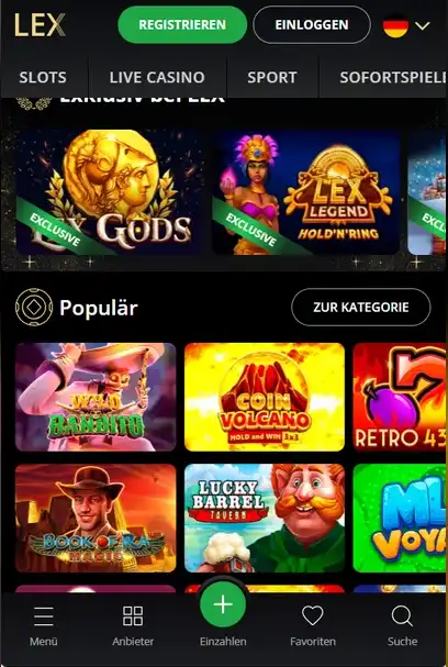 LEX Casino mobile Oberfläche mit offiziellem App- oder Browserzugang