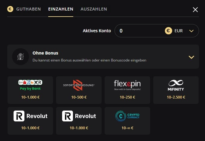 LEX Casino Kassenbereich mit verfügbaren Zahlungsmethoden
