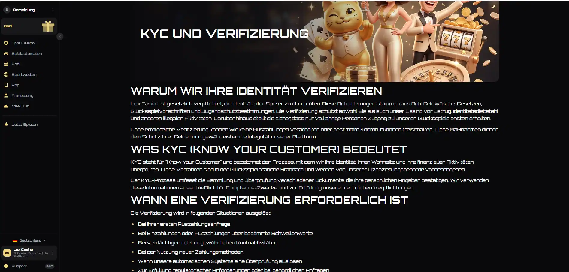 Aktueller KYC- oder Verifizierungsbereich von LEX Casino