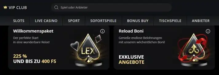 Aktueller Ansicht des LEX Casino Willkommensbonus