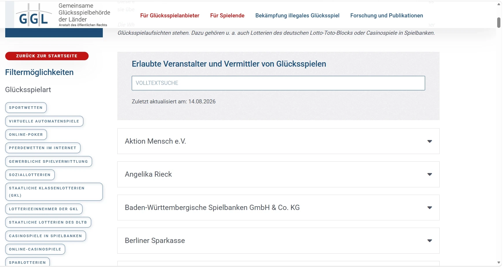 Amtliche GGL-Whitelist zur Prüfung erlaubter Glücksspielanbieter in Deutschland