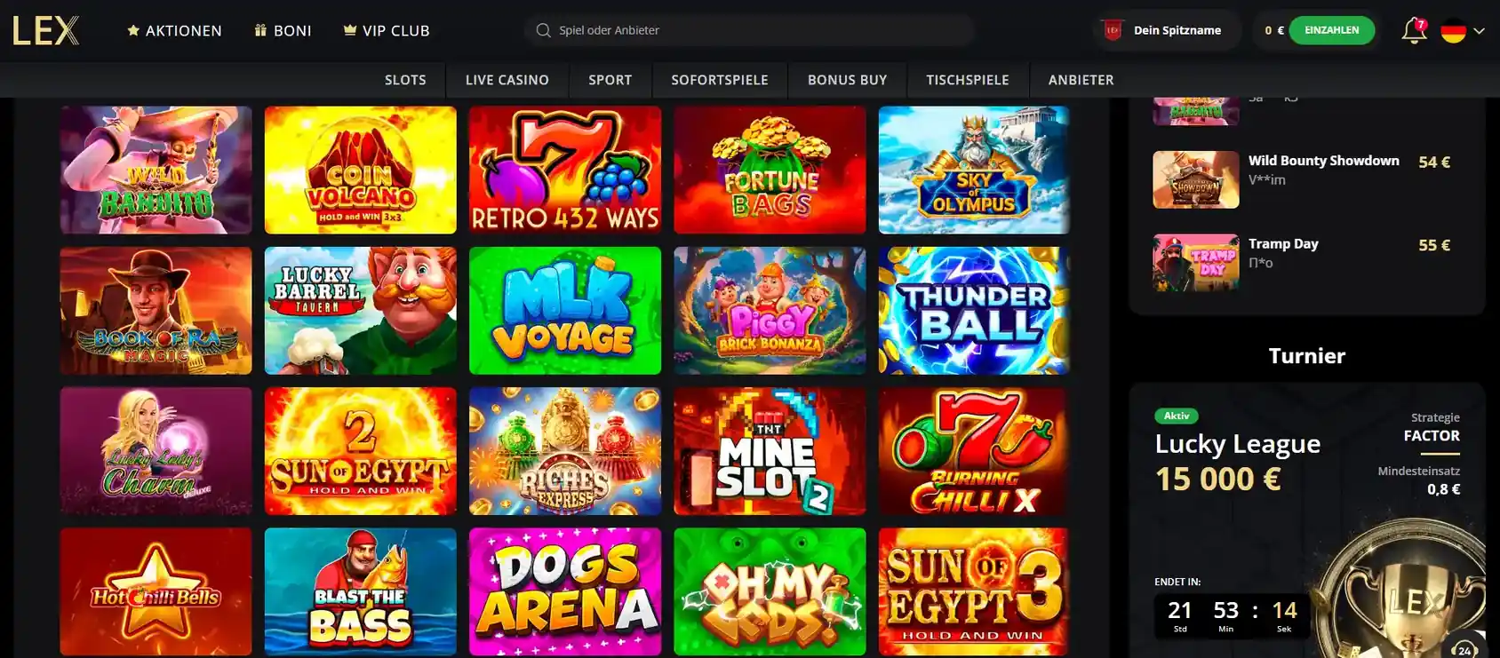 Aktueller Spielekatalog von LEX Casino mit Slots und Providern