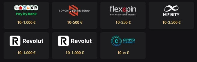 LEX Casino Einzahlungsbereich mit aktuellen Zahlungsmethoden